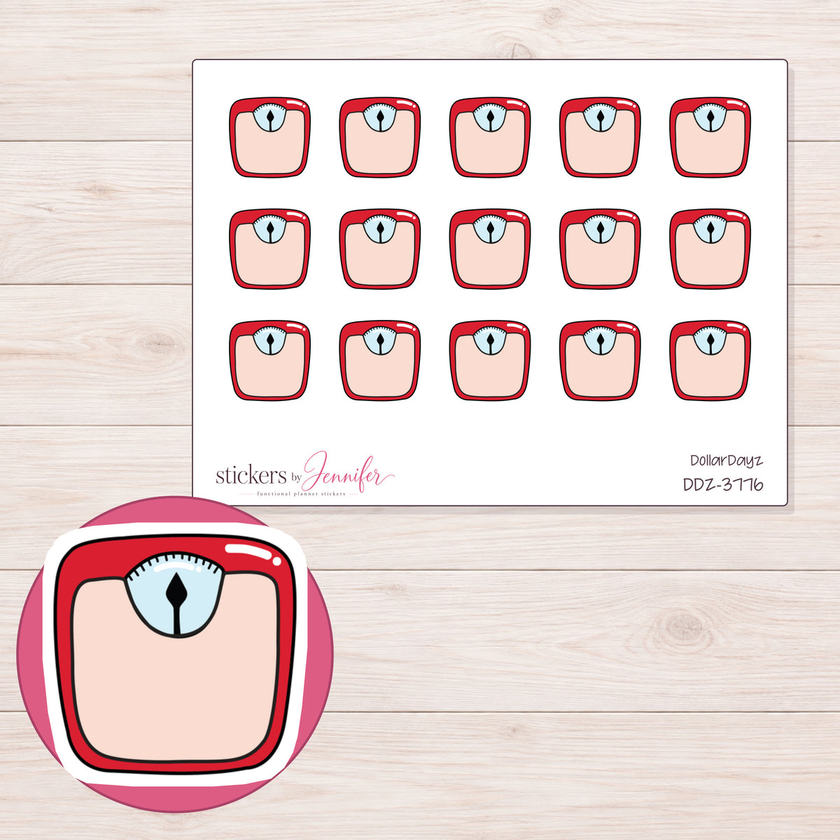 Red Bathroom Scale Planner Stickers | DDZ-3776 — 4 × 3 inch sheet and enlarged sticker detail