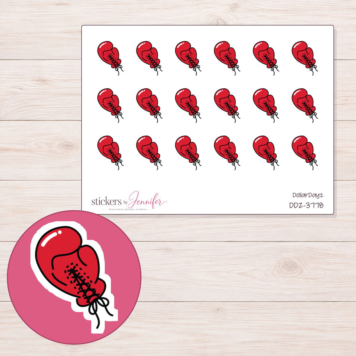 Red Boxing Glove Planner Stickers | DDZ-3778 — 4 × 3 inch sheet and enlarged sticker detail