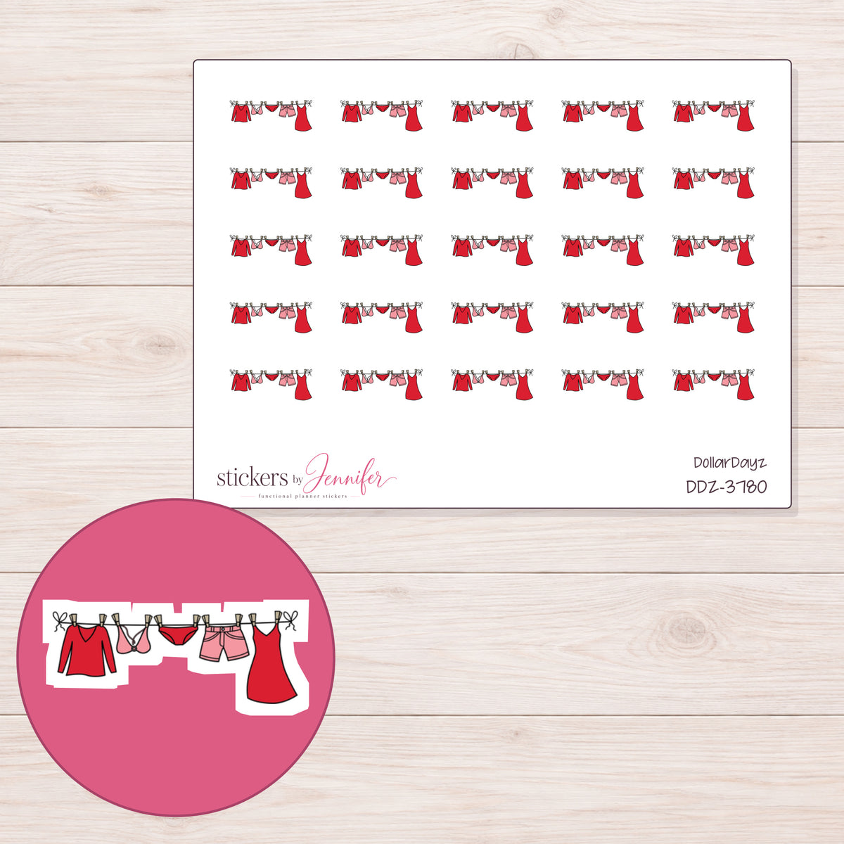 Red Clothesline Planner Stickers | DDZ-3780 — 4 × 3 inch sheet and enlarged sticker detail