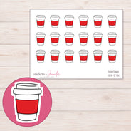 Red Sleeve Takeaway Coffee Planner Stickers | DDZ-3781 — 4 × 3 inch sheet and enlarged sticker detail