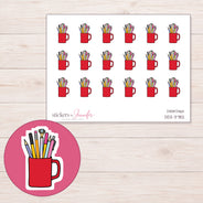 Red Mug of Pens and Pencils Planner Stickers | DDZ-3782 — 4 × 3 inch sheet and enlarged sticker detail