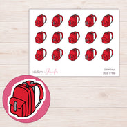 Red School Backpack Planner Stickers | DDZ-3786 — 4 × 3 inch sheet and enlarged sticker detail