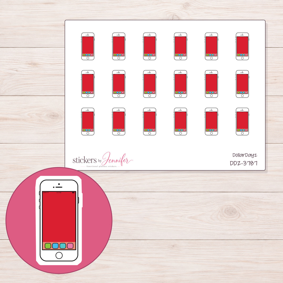 White App Smartphone Planner Stickers | DDZ-3787 — 4 × 3 inch sheet and enlarged sticker detail
