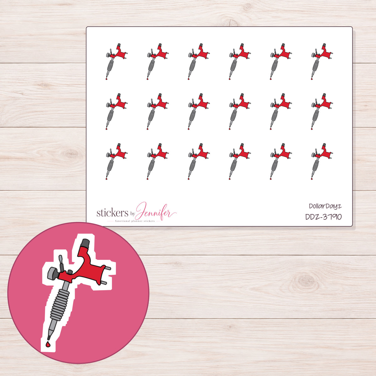Red Tattoo Machine Planner Stickers | DDZ-3790 — 4 × 3 inch sheet and enlarged sticker detail