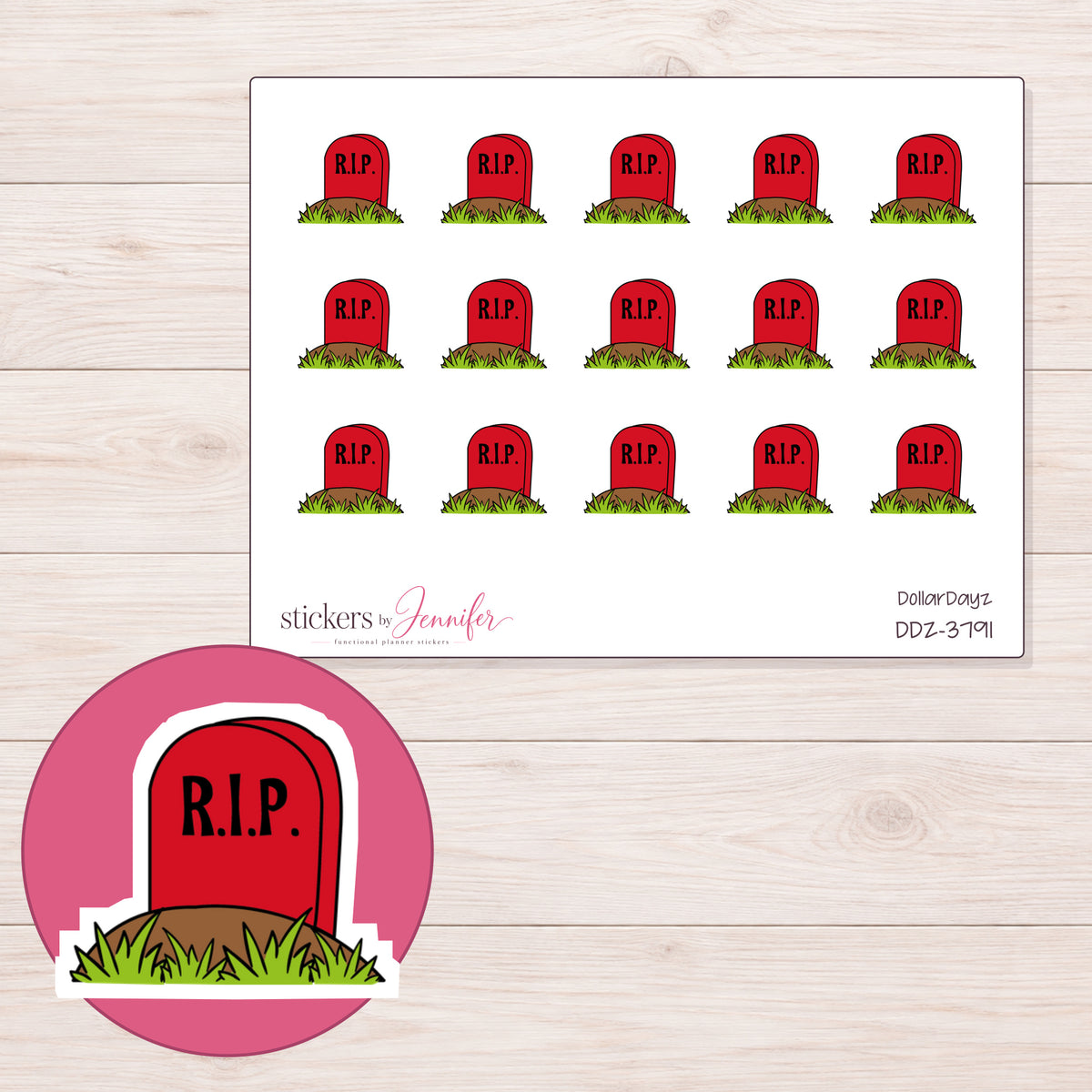 Red RIP Headstone Planner Stickers | DDZ-3791 — 4 × 3 inch sheet and enlarged sticker detail