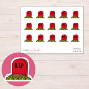 Red RIP Headstone Planner Stickers | DDZ-3791 — 4 × 3 inch sheet and enlarged sticker detail