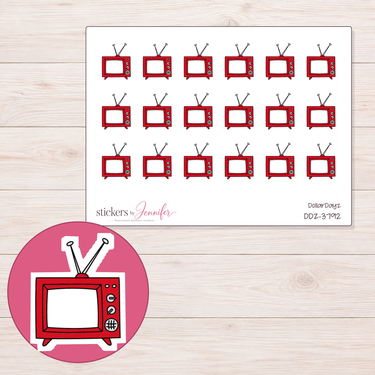 Red Box Television Planner Stickers | DDZ-3792 — 4 × 3 inch sheet and enlarged sticker detail