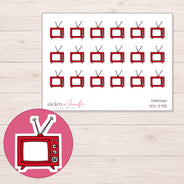 Red Box Television Planner Stickers | DDZ-3792 — 4 × 3 inch sheet and enlarged sticker detail
