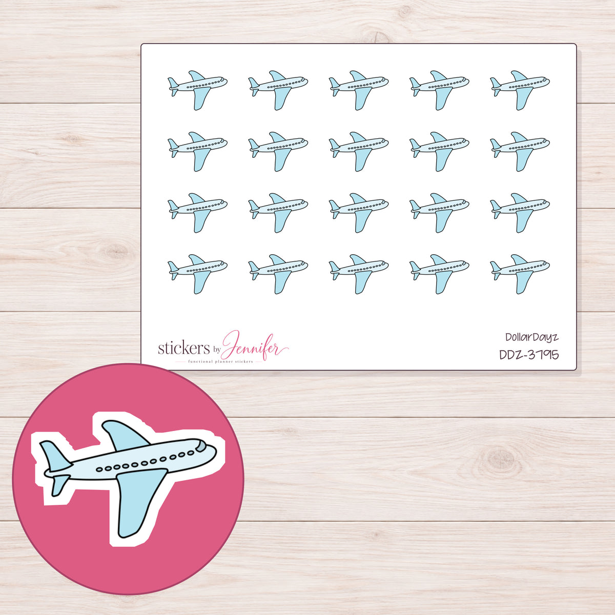 Pale Blue Airplane Planner Stickers | DDZ-3795 — 4 × 3 inch sheet and enlarged sticker detail