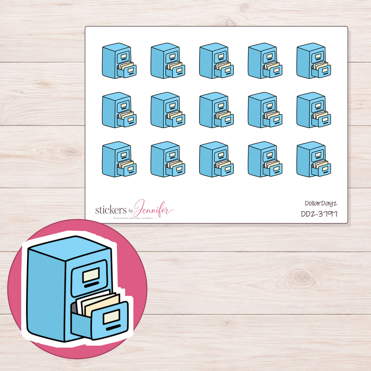 Blue Filing Cabinet Planner Stickers | DDZ-3797 — 4 × 3 inch sheet and enlarged sticker detail