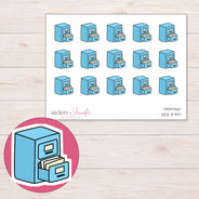Blue Filing Cabinet Planner Stickers | DDZ-3797 — 4 × 3 inch sheet and enlarged sticker detail