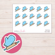 Blue Oven Mitt and Rolling Pin Planner Stickers | DDZ-3804 — 4 × 3 inch sheet and enlarged sticker detail