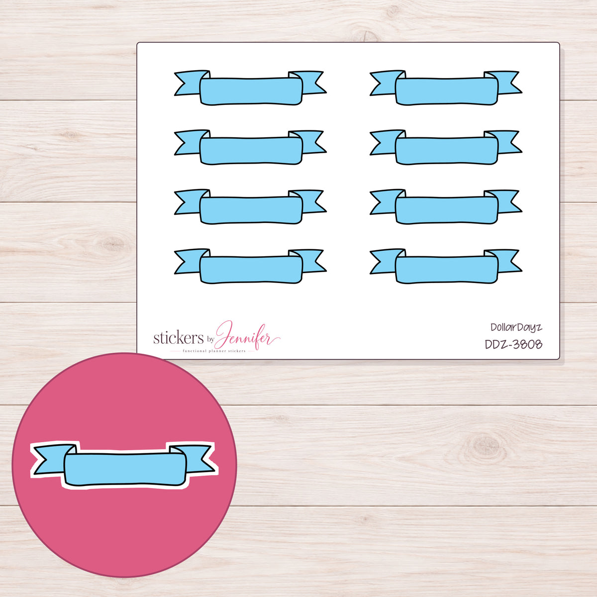Blue Scroll Banner Label Planner Stickers | DDZ-3808 — 4 × 3 inch sheet and enlarged sticker detail