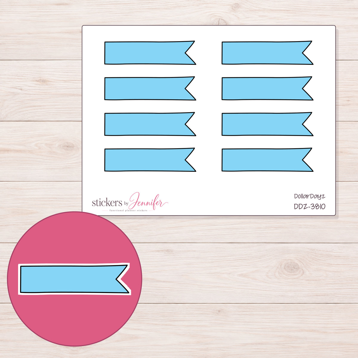 Blue Single-Notch Banner Label Planner Stickers | DDZ-3810 — 4 × 3 inch sheet and enlarged sticker detail