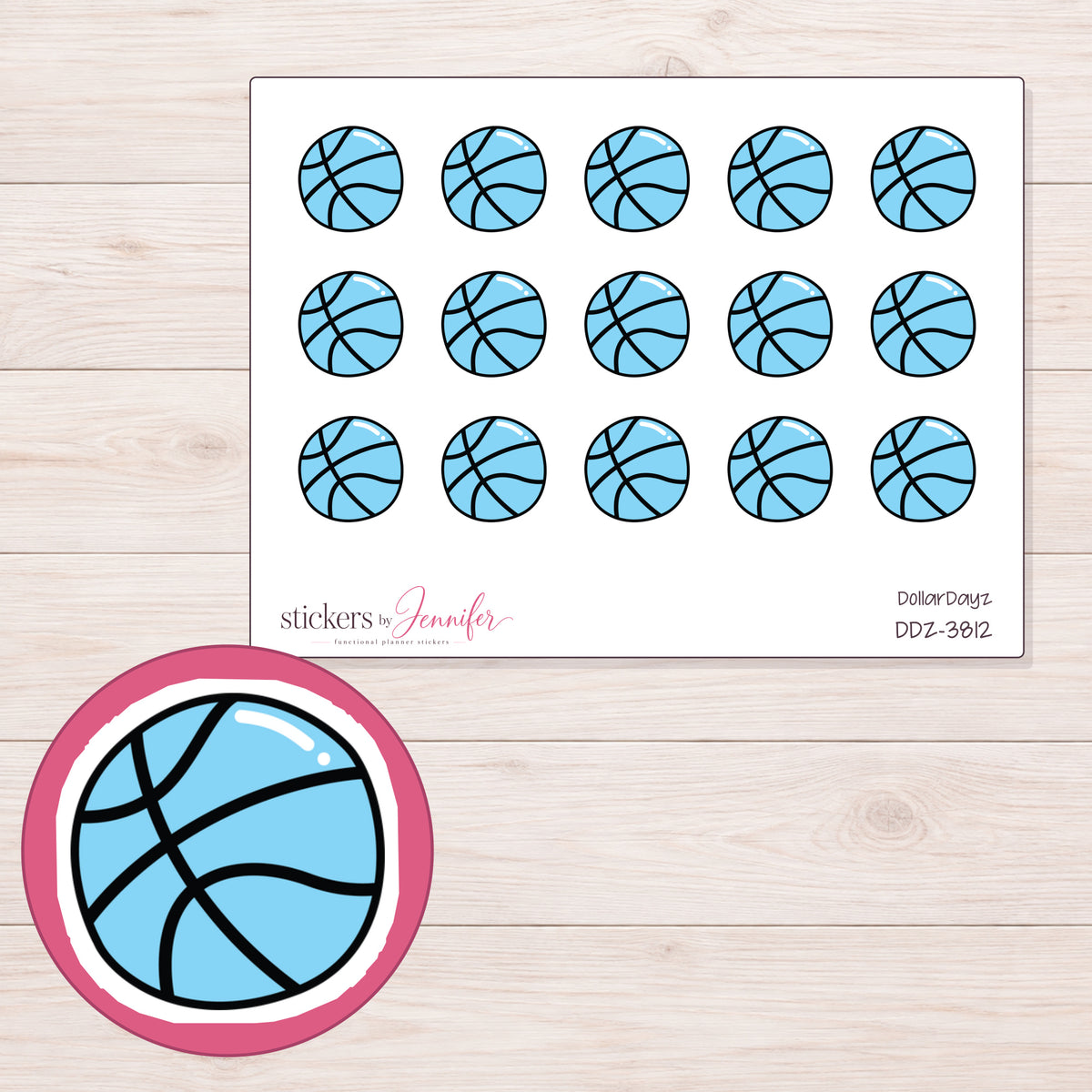 Blue Basketball Planner Stickers | DDZ-3812 — 4 × 3 inch sheet and enlarged sticker detail