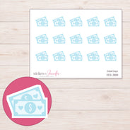 Pale Blue Banknotes Planner Stickers | DDZ-3818 — 4 × 3 inch sheet and enlarged sticker detail
