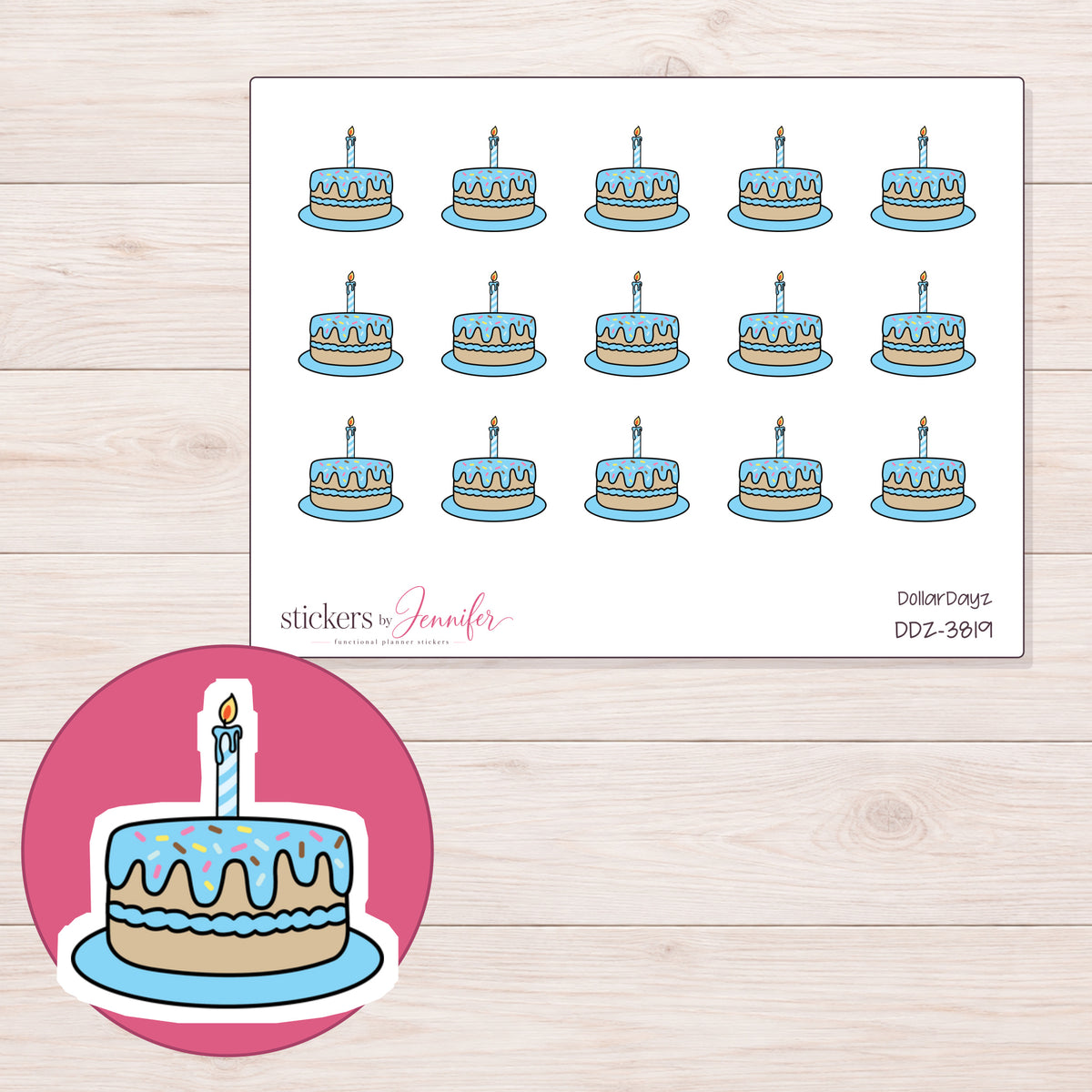 Blue Birthday Cake Planner Stickers | DDZ-3819 — 4 × 3 inch sheet and enlarged sticker detail