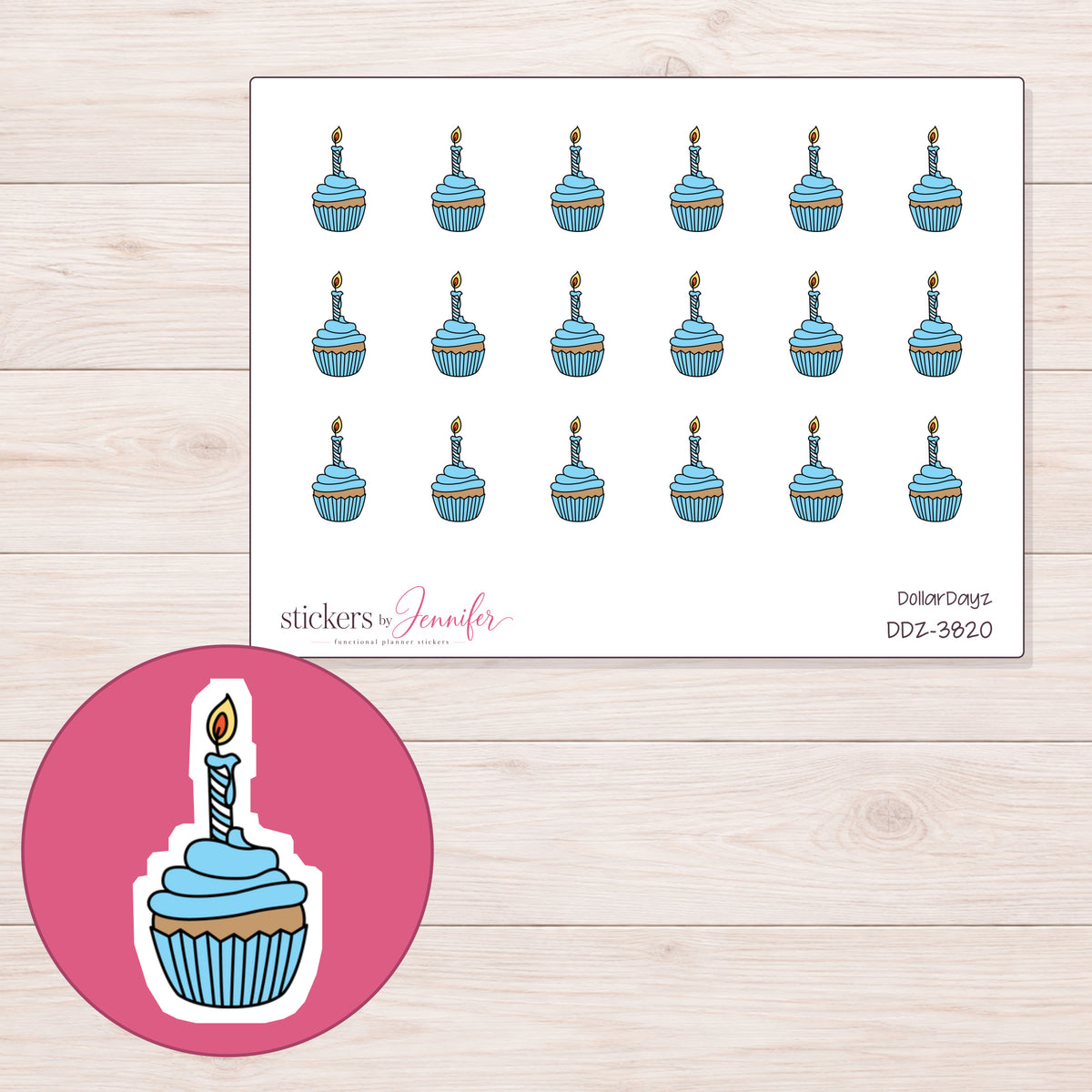 Blue Birthday Cupcake Planner Stickers | DDZ-3820 — 4 × 3 inch sheet and enlarged sticker detail