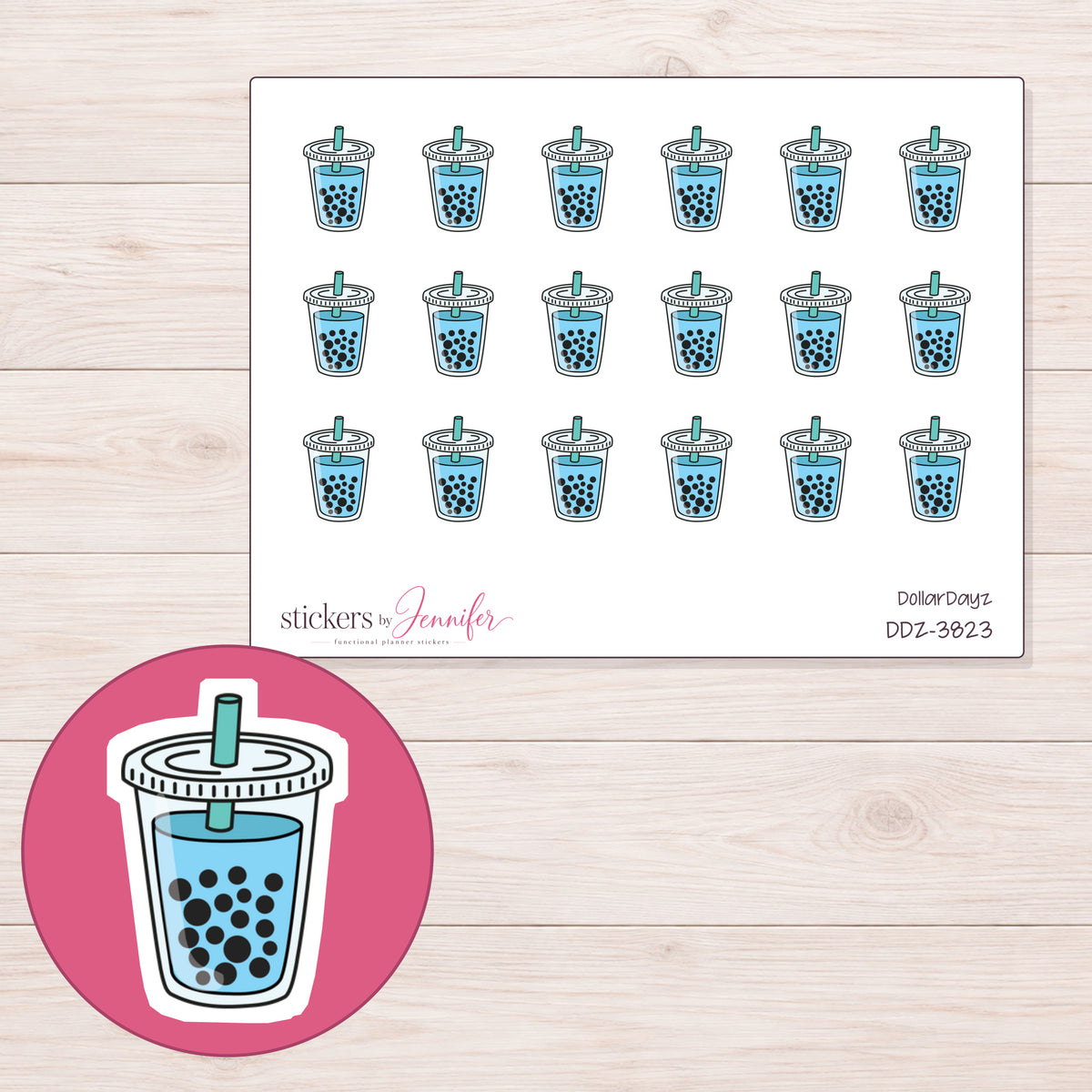 Blue Boba Tea Planner Stickers | DDZ-3823 — 4 × 3 inch sheet and enlarged sticker detail