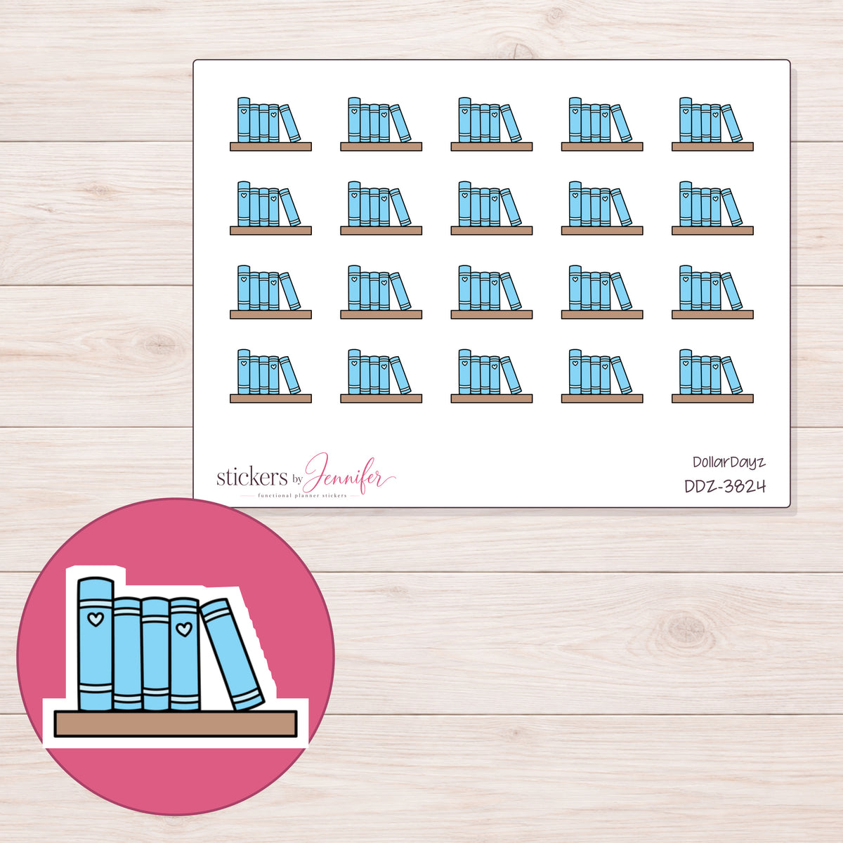 Blue Bookshelf Planner Stickers | DDZ-3824 — 4 × 3 inch sheet and enlarged sticker detail
