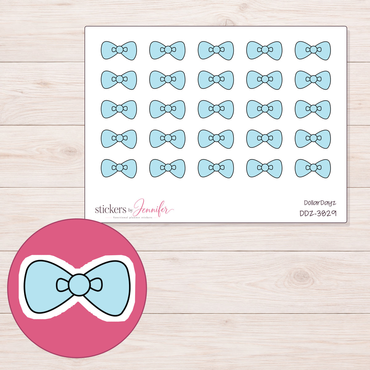 Pale Blue Rounded Bow Planner Stickers | DDZ-3829 — 4 × 3 inch sheet and enlarged sticker detail