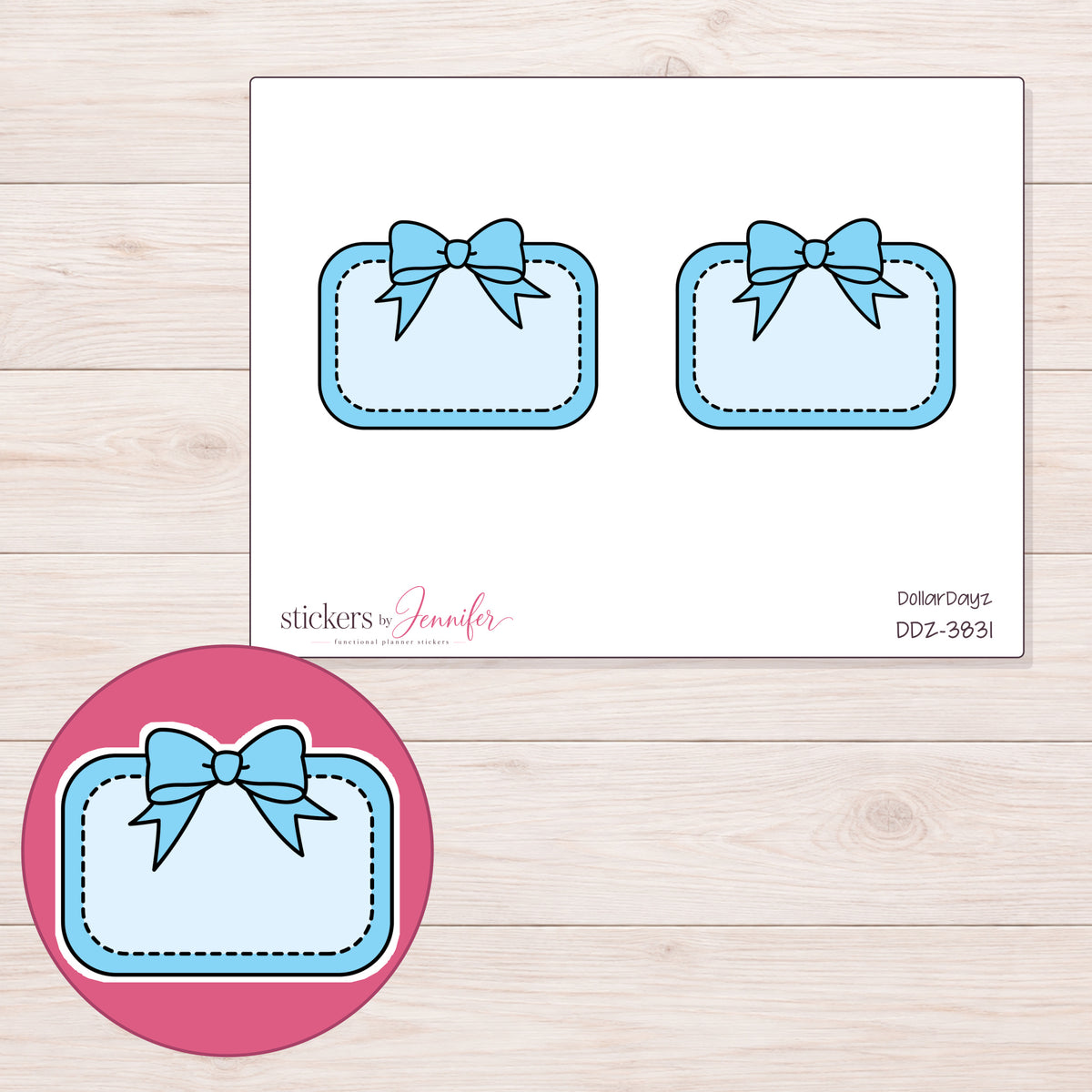 Blue Bow Half Box Label Planner Stickers | DDZ-3831 — 4 × 3 inch sheet and enlarged sticker detail