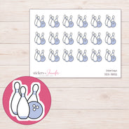 Lavender Bowling Ball and Pins Planner Stickers | DDZ-3832 — 4 × 3 inch sheet and enlarged sticker detail