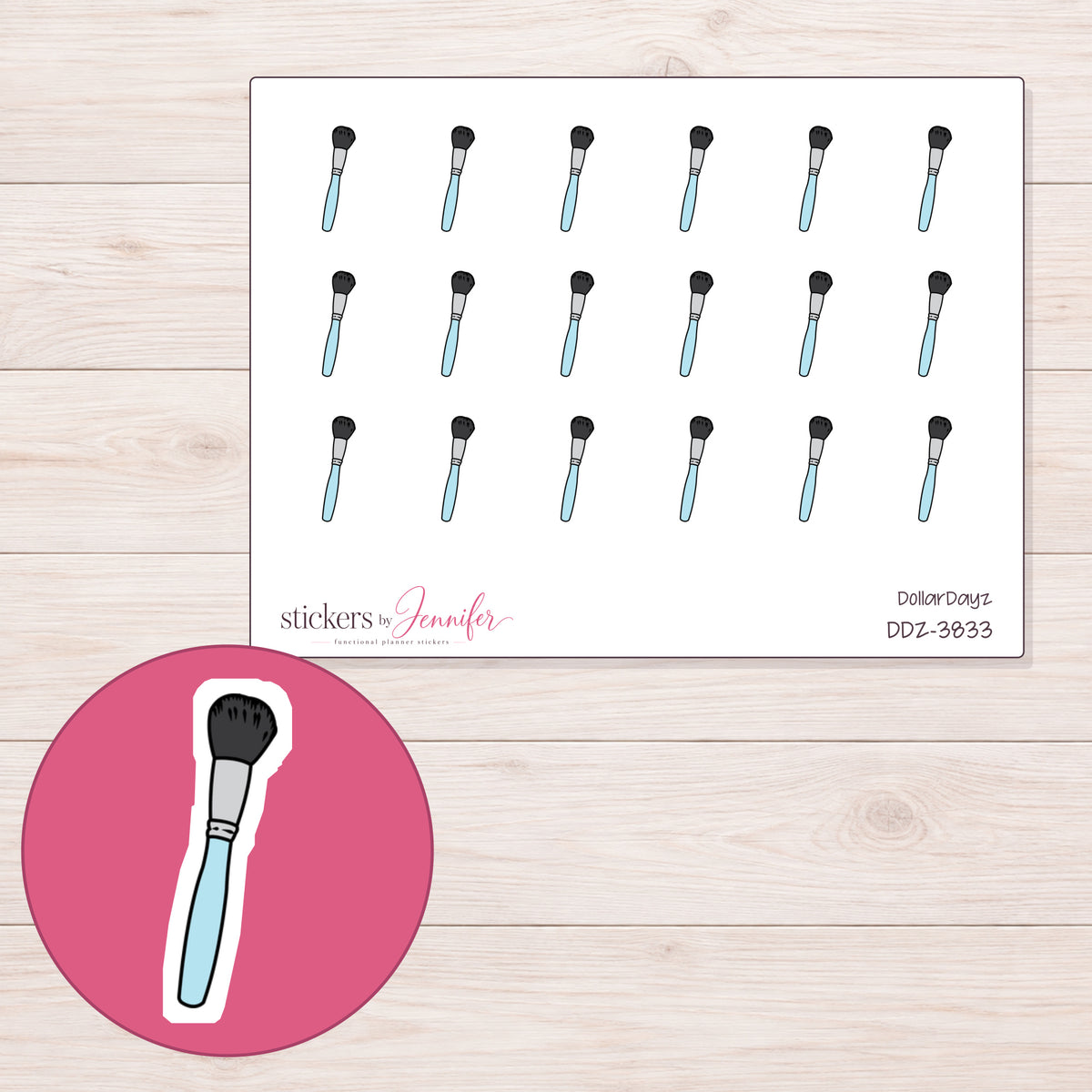Pale Blue Makeup Brush Planner Stickers | DDZ-3833 — 4 × 3 inch sheet and enlarged sticker detail