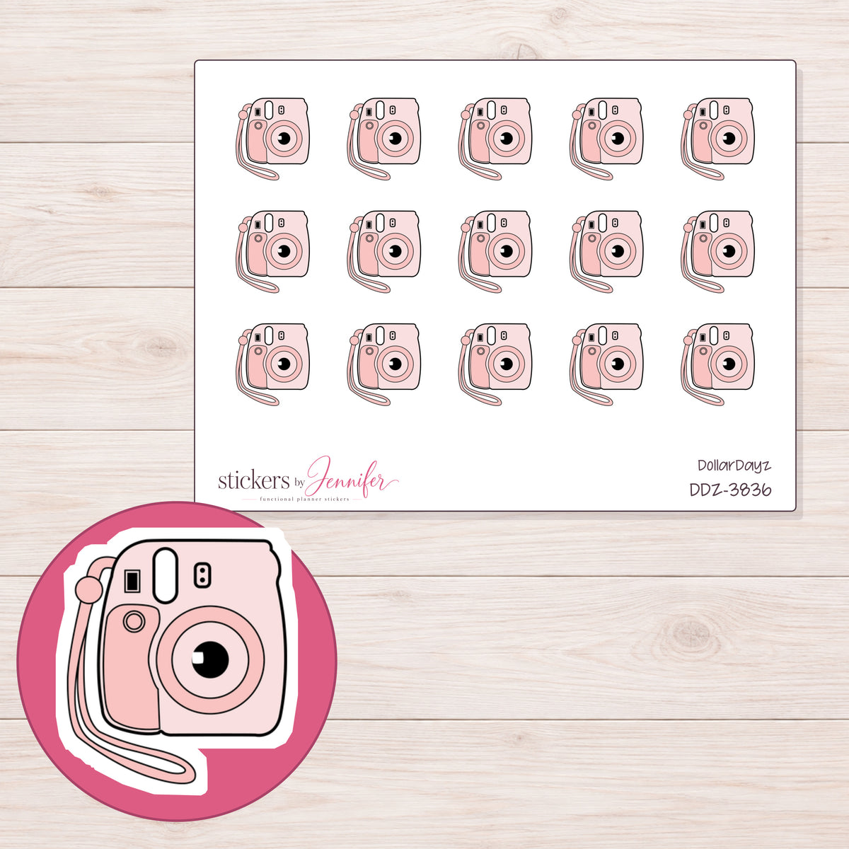 Pink Instant Camera Planner Stickers | DDZ-3836 — 4 × 3 inch sheet and enlarged sticker detail