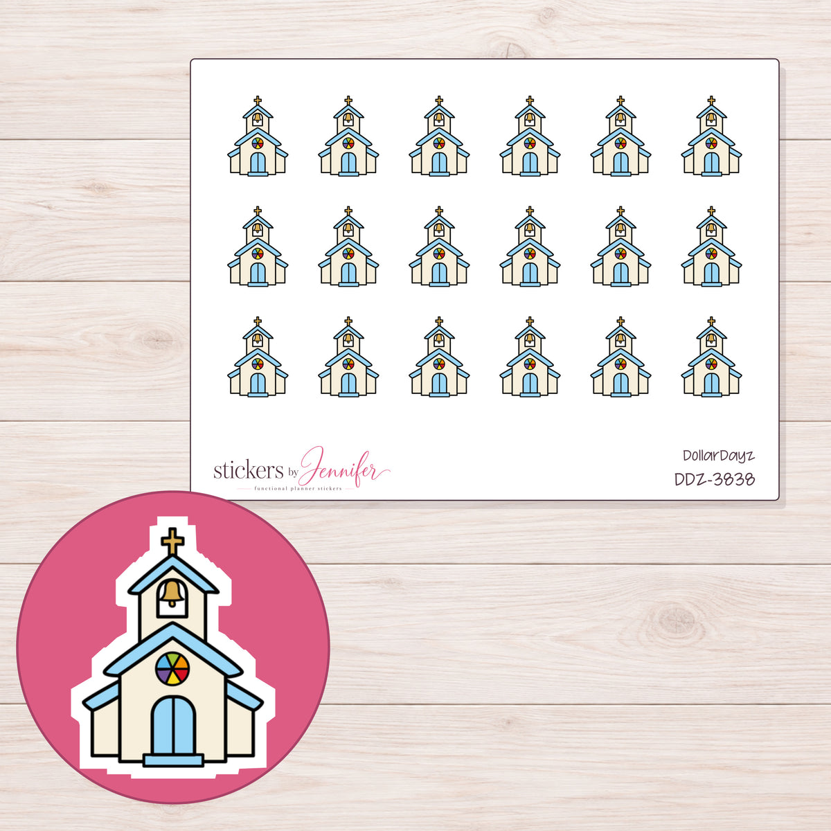 Blue Roof Church Planner Stickers | DDZ-3838 — 4 × 3 inch sheet and enlarged sticker detail