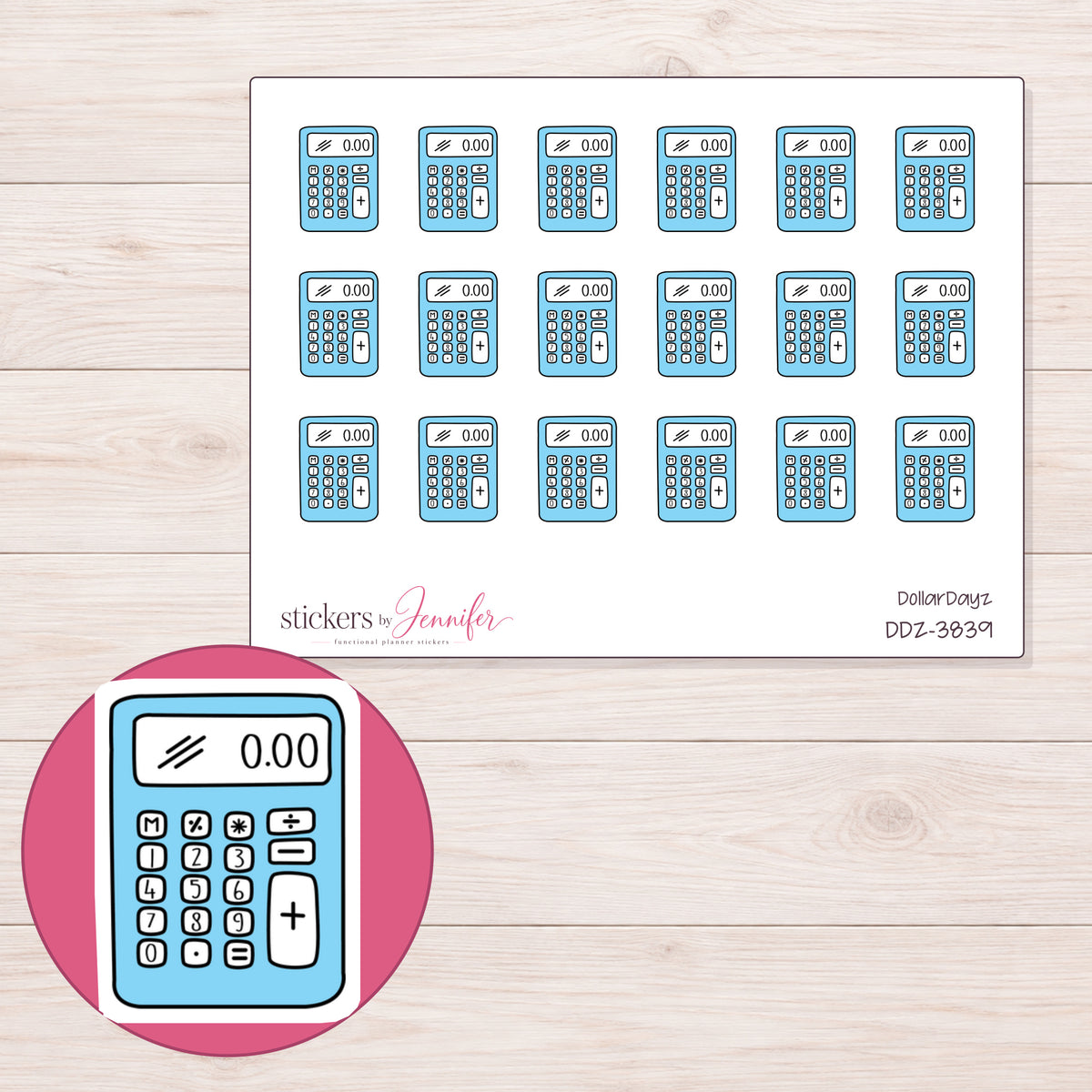 Blue Calculator Planner Stickers | DDZ-3839 — 4 × 3 inch sheet and enlarged sticker detail