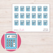 Blue Calculator Planner Stickers | DDZ-3839 — 4 × 3 inch sheet and enlarged sticker detail