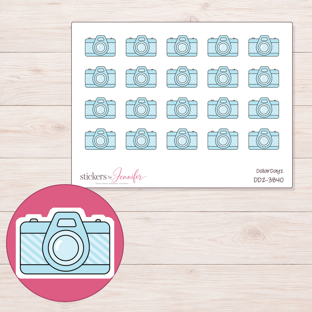 Pale Blue Camera Planner Stickers | DDZ-3840 — 4 × 3 inch sheet and enlarged sticker detail