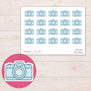 Pale Blue Camera Planner Stickers | DDZ-3840 — 4 × 3 inch sheet and enlarged sticker detail
