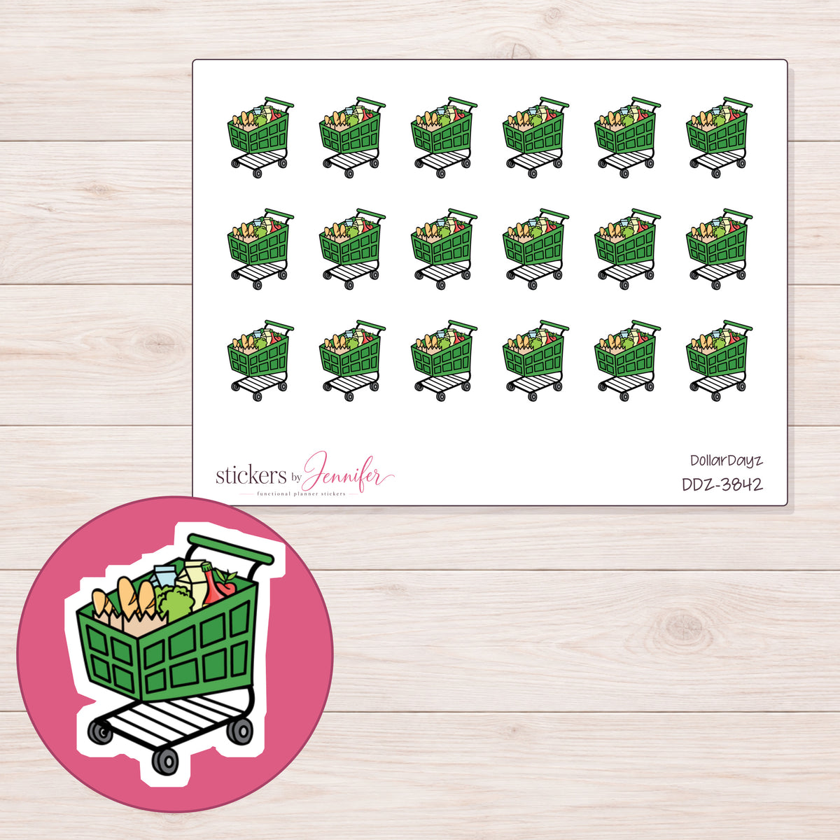 Green Grocery Cart Planner Stickers | DDZ-3842 — 4 × 3 inch sheet and enlarged sticker detail