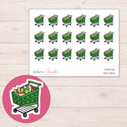 Green Grocery Cart Planner Stickers | DDZ-3842 — 4 × 3 inch sheet and enlarged sticker detail