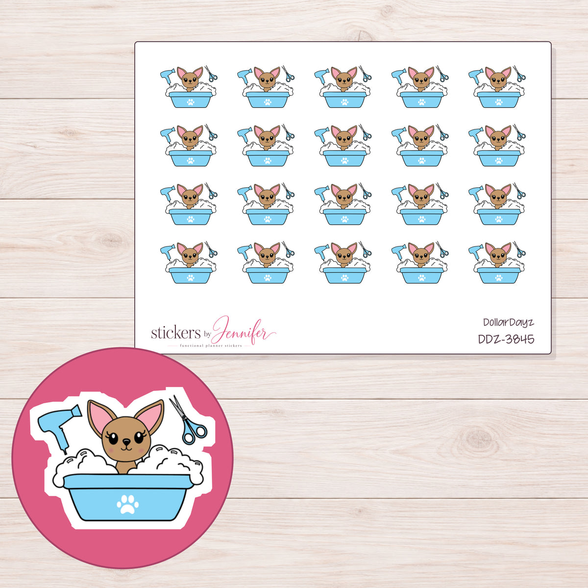 Chihuahua in Blue Grooming Tub Planner Stickers | DDZ-3845 — 4 × 3 inch sheet and enlarged sticker detail