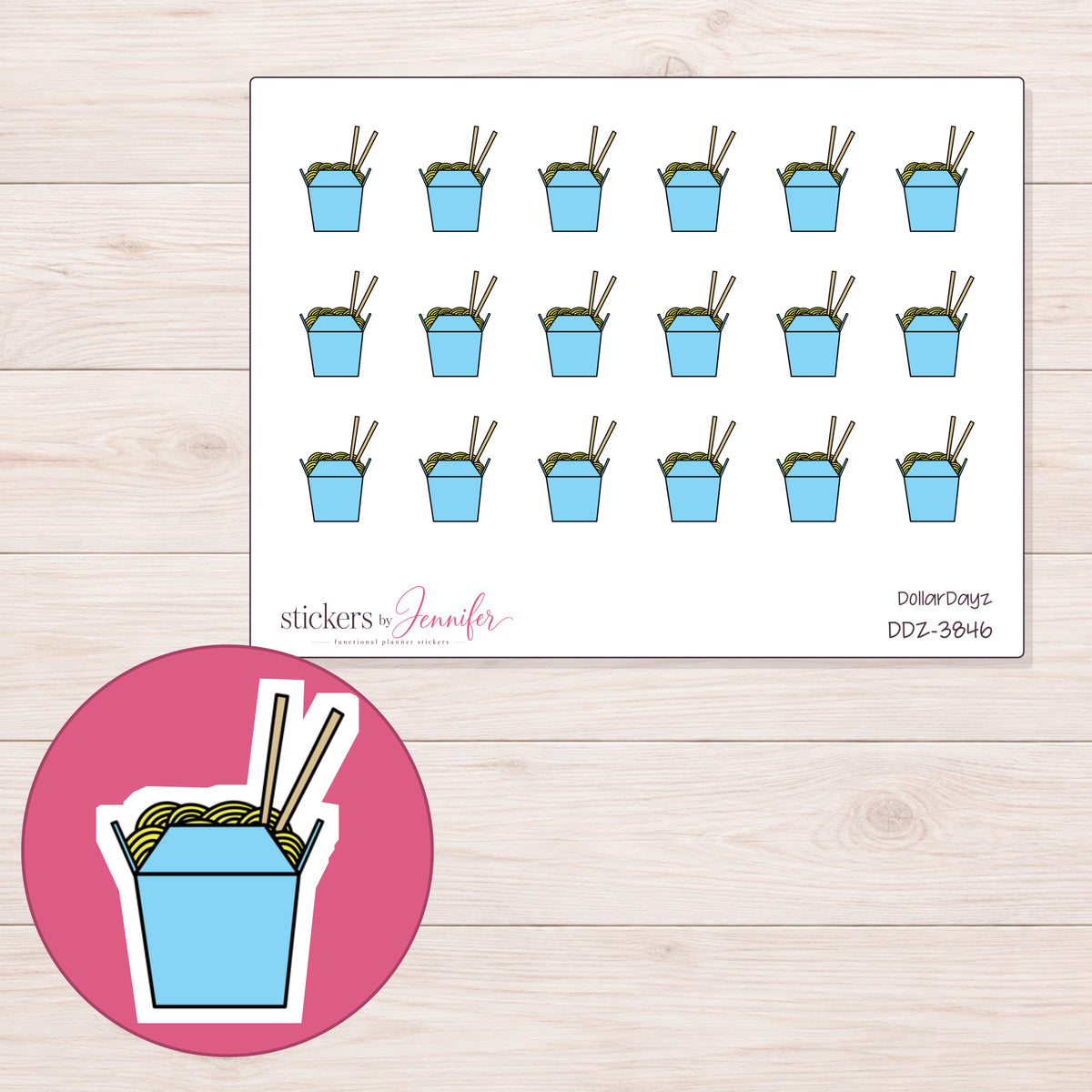 Blue Noodle Takeout Box Planner Stickers | DDZ-3846 — 4 × 3 inch sheet and enlarged sticker detail