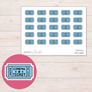 Blue Cinema Ticket Planner Stickers | DDZ-3848 — 4 × 3 inch sheet and enlarged sticker detail