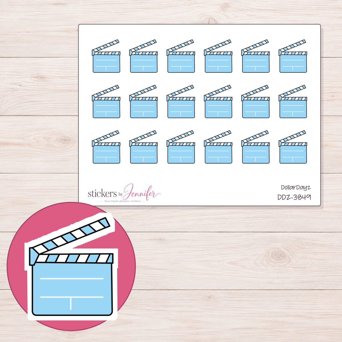 Blue Clapperboard Planner Stickers | DDZ-3849 — 4 × 3 inch sheet and enlarged sticker detail