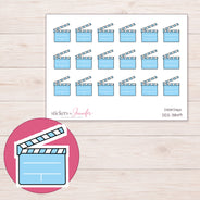 Blue Clapperboard Planner Stickers | DDZ-3849 — 4 × 3 inch sheet and enlarged sticker detail