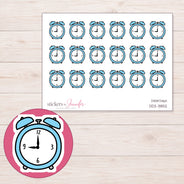 Blue Alarm Clock Planner Stickers | DDZ-3852 — 4 × 3 inch sheet and enlarged sticker detail