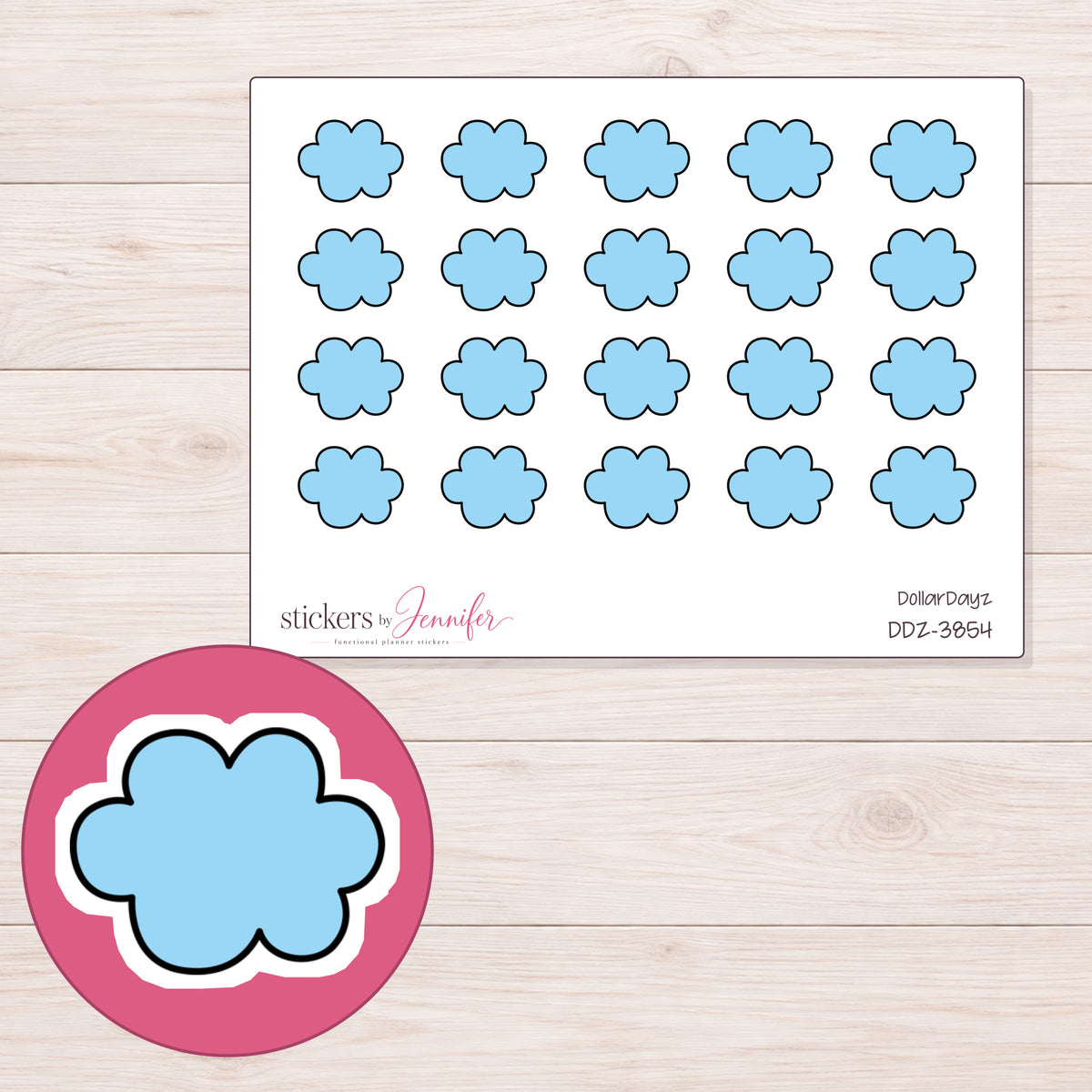 Blue Puffy Cloud Planner Stickers | DDZ-3854 — 4 × 3 inch sheet and enlarged sticker detail