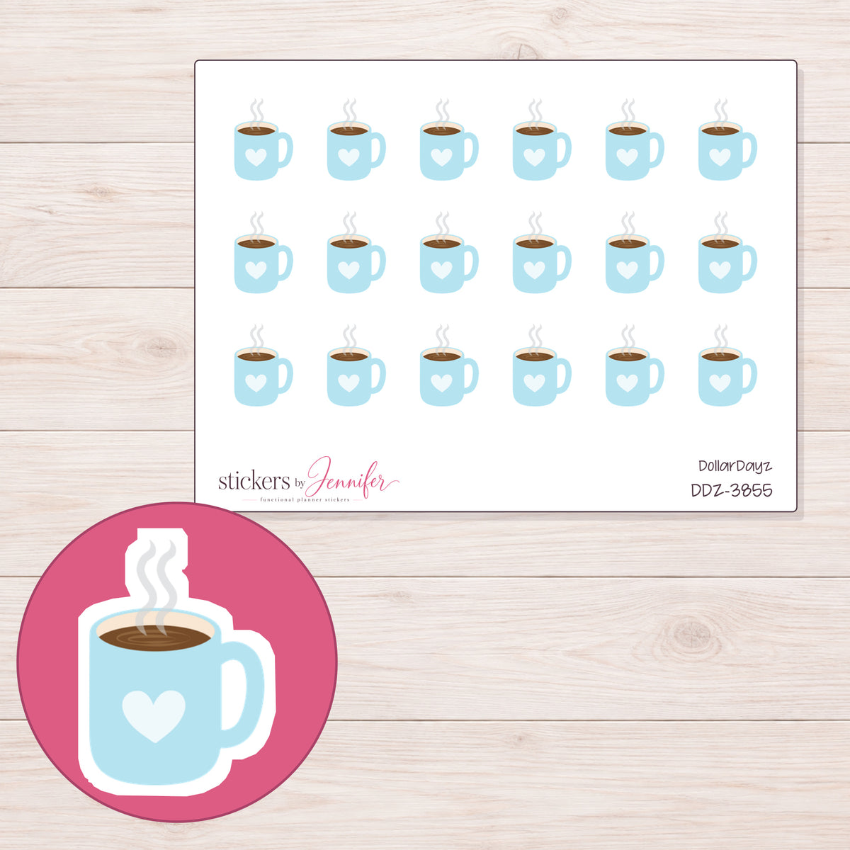 Pale Blue Heart Coffee Mug Planner Stickers | DDZ-3855 — 4 × 3 inch sheet and enlarged sticker detail