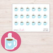 Pale Blue Heart Coffee Mug Planner Stickers | DDZ-3855 — 4 × 3 inch sheet and enlarged sticker detail