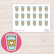 Mint and Yellow Heart Coffee Cup Planner Stickers | DDZ-3856 — 4 × 3 inch sheet and enlarged sticker detail