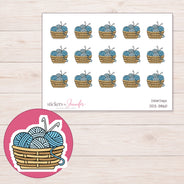 Blue Crochet Yarn Basket Planner Stickers | DDZ-3860 — 4 × 3 inch sheet and enlarged sticker detail