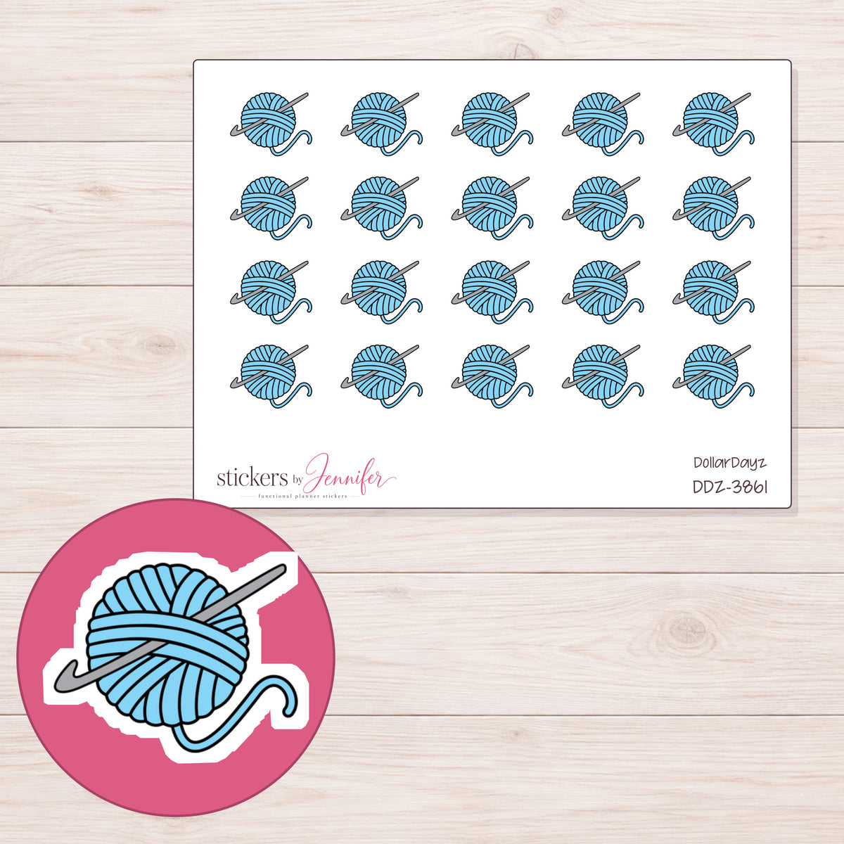 Blue Yarn Ball and Crochet Hook Planner Stickers | DDZ-3861 — 4 × 3 inch sheet and enlarged sticker detail