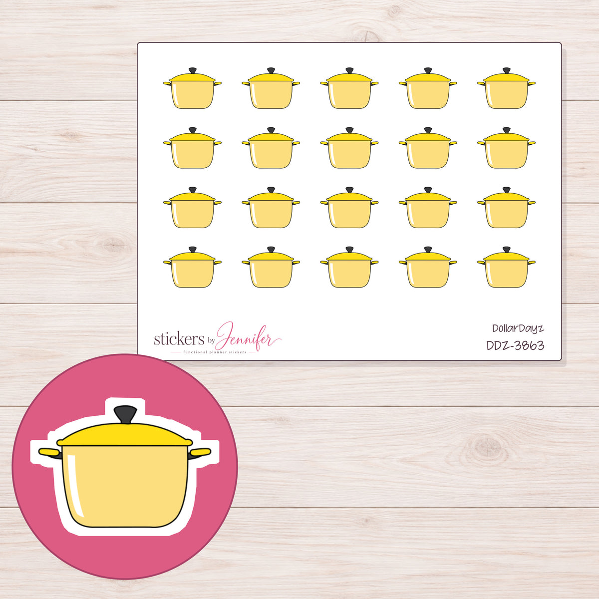 Yellow Lidded Cooking Pot Planner Stickers | DDZ-3863 — 4 × 3 inch sheet and enlarged sticker detail