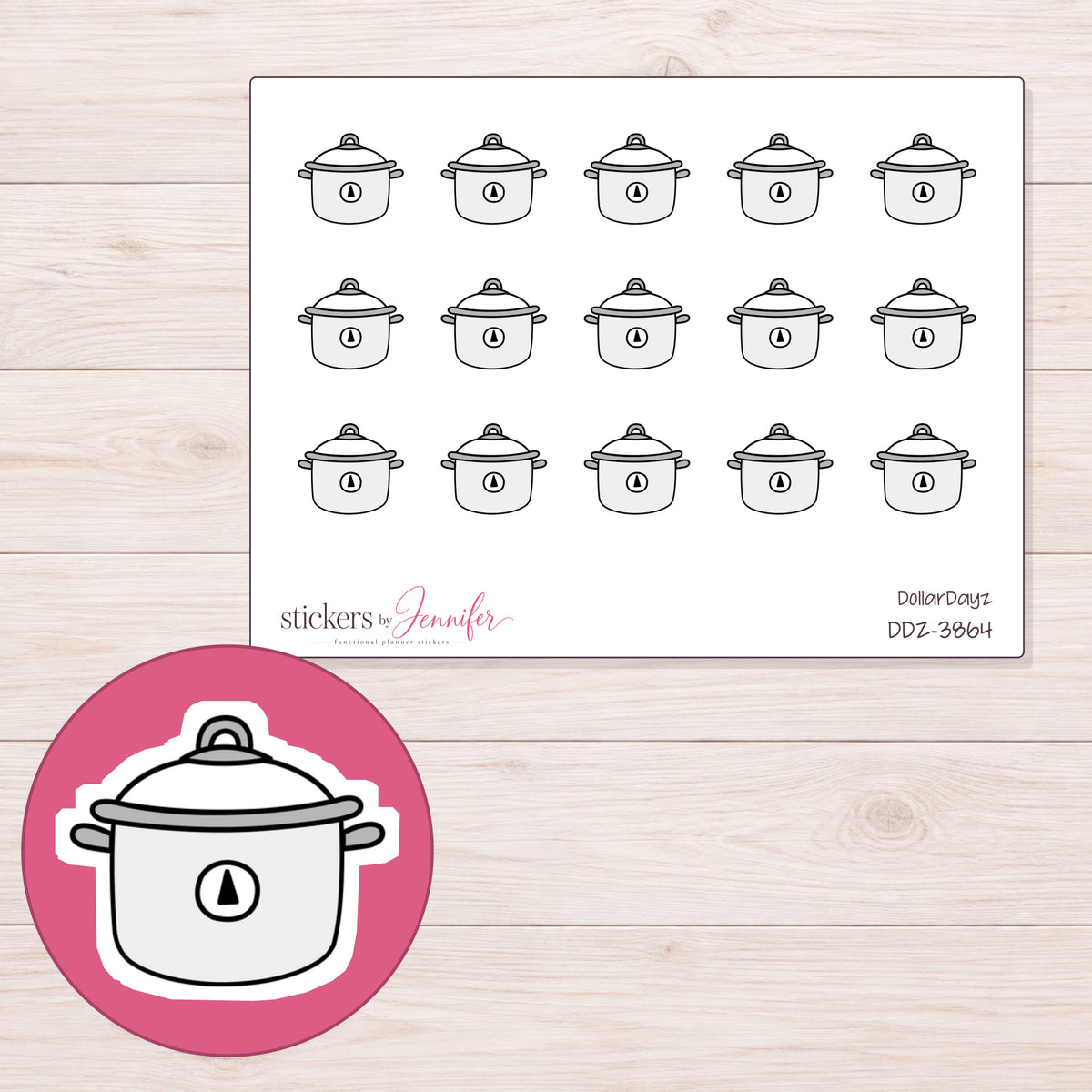 White Slow Cooker Planner Stickers | DDZ-3864 — 4 × 3 inch sheet and enlarged sticker detail